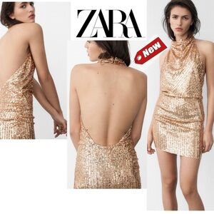 ZARA GOLD WOMAN SHORT SEQUIN DRESS HALTER Sz XL NWT sparkly party